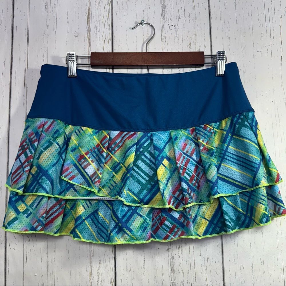 Lucky in Love Blue Multicolor Plaid Ruffle Tennis Skort Built in Shorts Size L